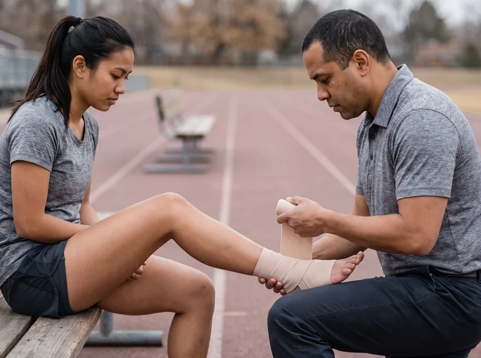 Therapist taping a patient's ankle at the edge of a running track
