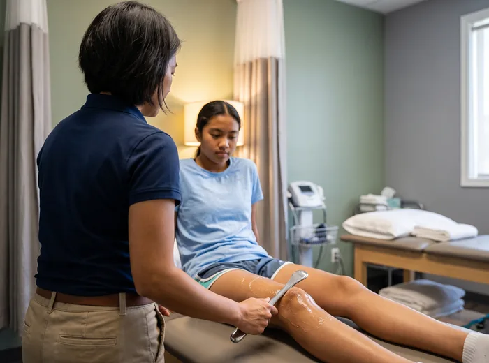 Therapist using an IASTM tool along a patient's knee