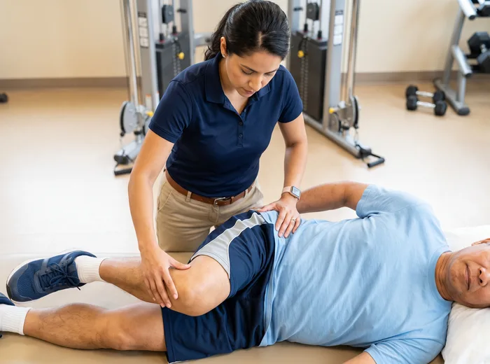 Therapist mobilizing a patient's leg while they lie on their side