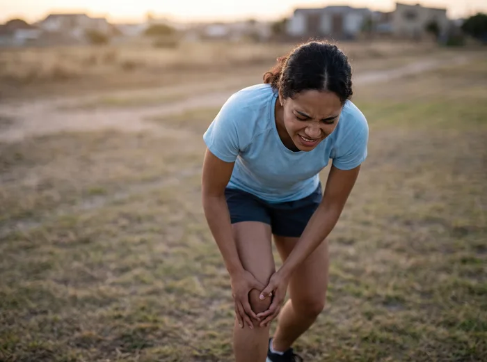 Athlete pausing to hold a sore knee during outdoor training