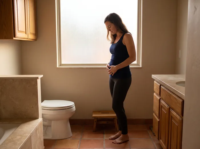 Patient standing in the bathroom holding their abdomen