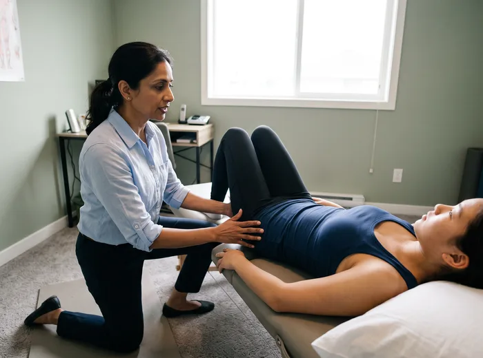 Therapist guiding a patient through a pelvic floor exercise on a mat