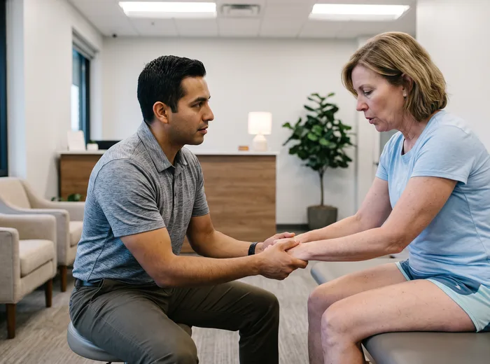 Therapist assisting a patient through a seated forward fold stretch