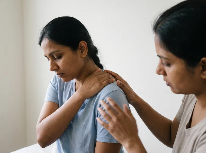 Patient standing and holding their own shoulder in pain