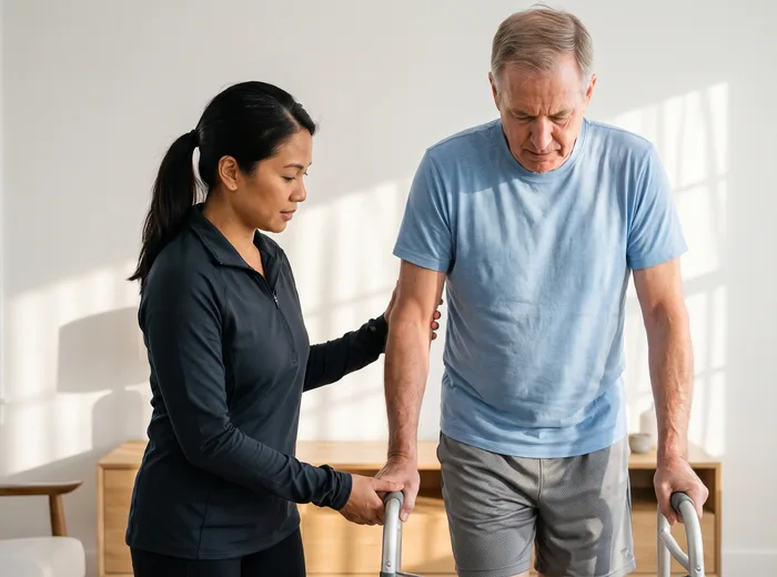 Therapist assisting a patient standing with a walker
