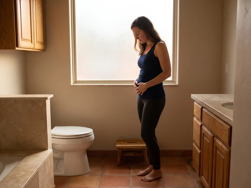 Patient standing in the bathroom holding their abdomen