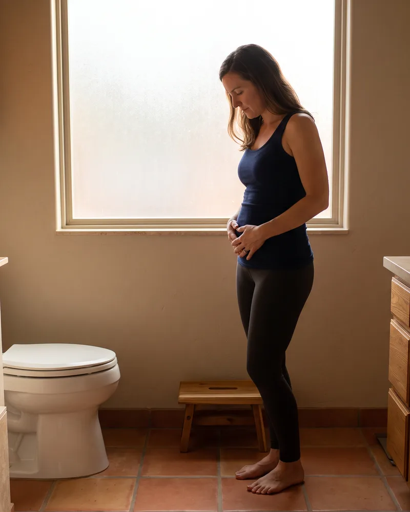 Patient standing in the bathroom holding their abdomen